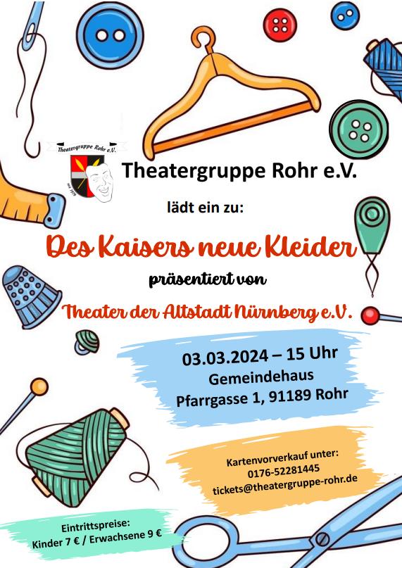 Das Theater der Altstadt Nürnberg e. V. präsentiert „Des Kaisers neue Kleider“ am 03. März 2024 – Theatergruppe Rohr Das Theater der Altstadt Nürnberg e. V. präsentiert „Des Kaisers neue Kleider“ am 03. März 2024 – Theatergruppe Rohr